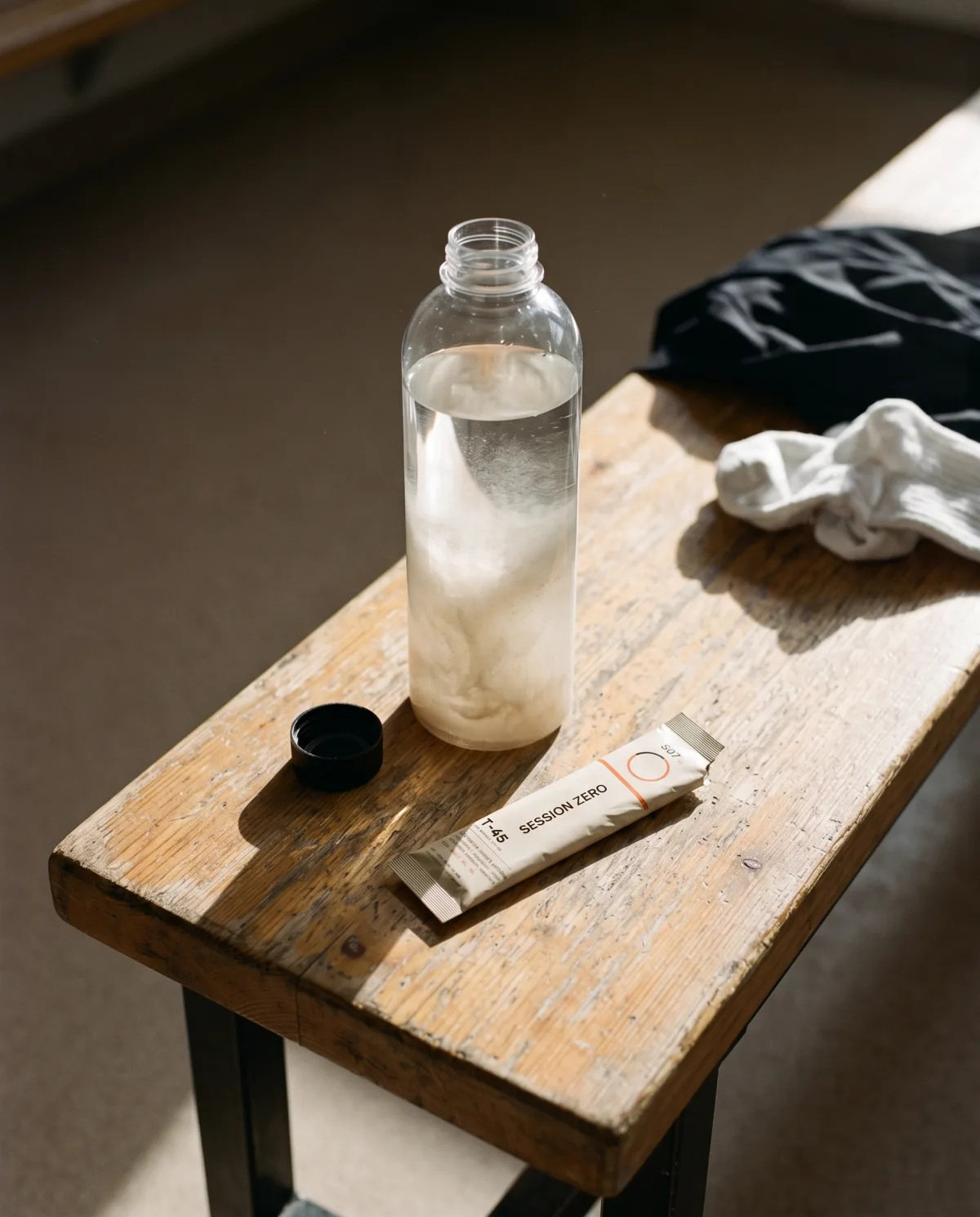 A SESSION ZERO stick torn open next to a water bottle on a changing-room bench